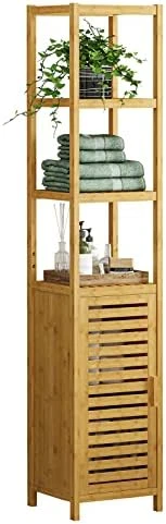 VIAGDO Bathroom Storage Cabinet, Tall Slim Cabinet With Shutter Door And 3 Tier Shelves, Freestanding Linen Tower Cabinet For Living Room, Kitchen, Bathroom Organizer, Natural Bamboo - Image 8