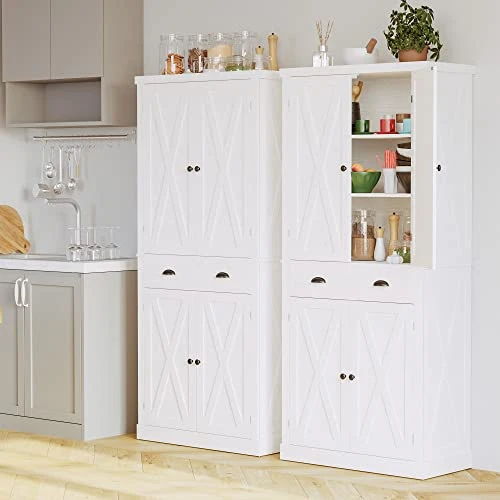 IRONCK Kitchen Pantry Storage Cabinet 72" Height, With Barn Doors, Drawer, 4 Adjustable Shelves, Freestanding Cupboard For Dining Room Living Room, Laundry, White - Image 2