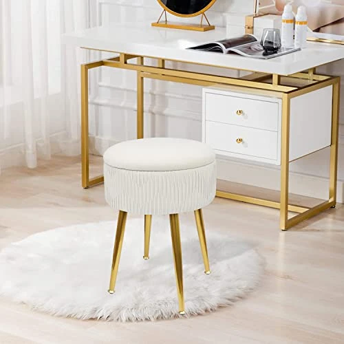 White Ottoman Vanity Stool With Storage - Flip Top Coffee Table Round Makeup Stool, Pleated Upholstered Velvet Stool With Gold Metal Legs,for Living Room, Bedroom - Image 6