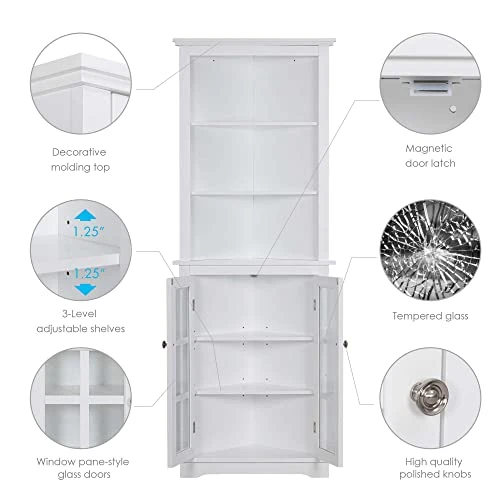 Spirich Home Bathroom Tall Corner Storage Cabinet, Floor Slim Display Storage Cabinet With Windowpane Glass Doors And Adjustable Shelves For Bathroom, Kitchen, Living Room Or Bedroom, White - Image 4
