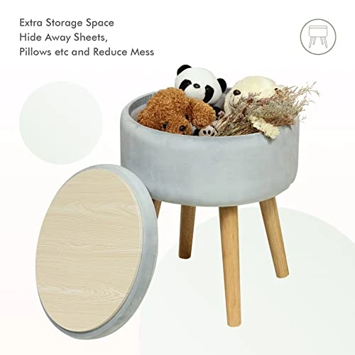 B FSOBEIIALEO Round Storage Ottoman, Soft Padded Velvet Footstool Vanity Makeup Chair, With Wooden Legs & Tray Top 14.17" (Blue) - Image 4