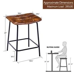 Duhome 24” Square Tufted Counter Bar Stools Set Of 2, Breathable Faux Leather Upholstered Barstool With Footrest, Backless Stool For Kitchen Counter Island Bar, YellowishBrown