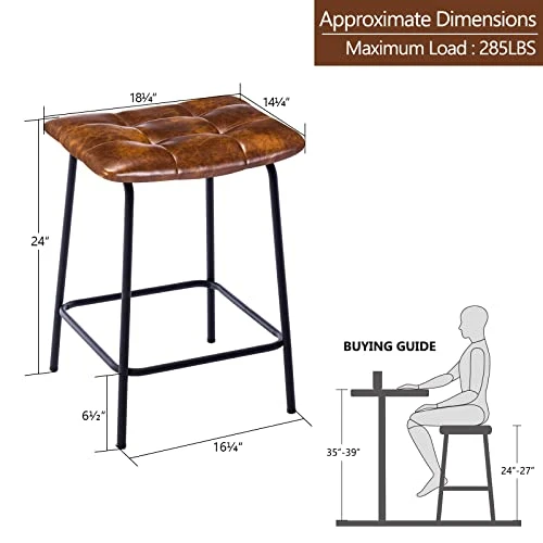 Duhome 24β Square Tufted Counter Bar Stools Set Of 2, Breathable Faux Leather Upholstered Barstool With Footrest, Backless Stool For Kitchen Counter Island Bar, YellowishBrown