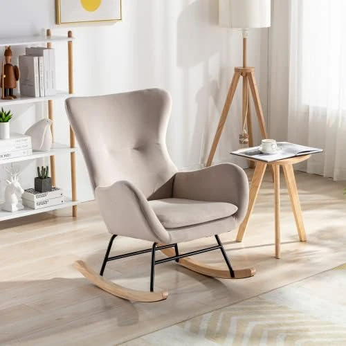 BOMENG Modern Velvet/Teddy Fabric Padded Seat Rocking Chair With High Backrest And Armrests,Comfy Uplostered Glider Chair Accent Chair For Living Room,Bedroom,Balcony - Image 10