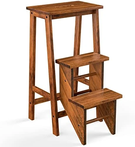Giantex 3 Tier Folding Step Stool, Multifunction 3-in-1 Wood Step Stool, Portable Seat Display And Storage Shelf For Library, Home Kitchen (Light Walnut) - Image 6