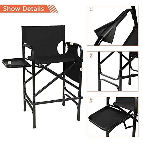 OmySalon 30" Tall Directors Chair Black Folding With Side Table Storage Bag,Aluminum Frame 300 Lbs Capacity, 33.8" L X 19.2" W X 45.6" H,Portable Makeup Artist Bar Height - Image 3