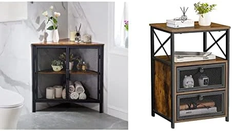 VECELO Cabinet/Table, 3-Tier Display Shelves With Protection Door, Metal Frame Storage Shelf Organizer For Small Space, Living Room, Kitchen, Bathroom, Set Of 2, Grey+Black - Image 13