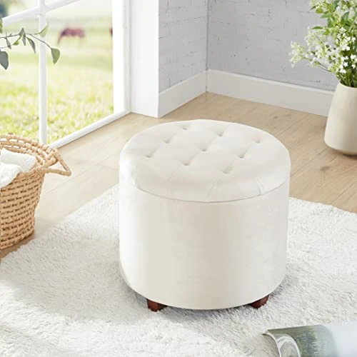 Ornavo Home Donovan Tufted Round Storage Ottoman With Removable Lid For Living Room And Bedroom - Cream Velvet - Image 4