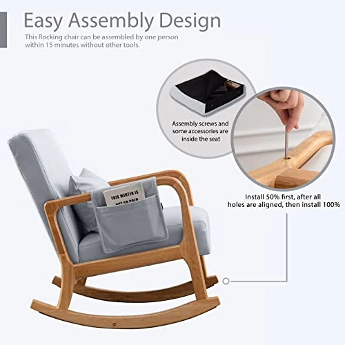 Prahalum Nursery Rocking Chairs Glider, Rocker Chair With Ottoman Set, Comfy Nursing Armchair For Mom, Living Room,Side Pocket, Lumbar Pillow, Leathaire, Light Gray - Image 3