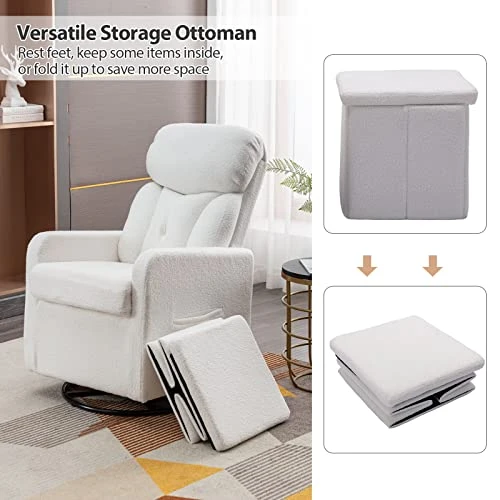 Taiweny Swivel Rocking Chair With Storage Ottoman, Teddy Fabric Upholstered Glider Rocker Sherpa Boucle Armchair And Folding Foot Stool For Nursery, Bedroom, Living Room (White) - Image 2