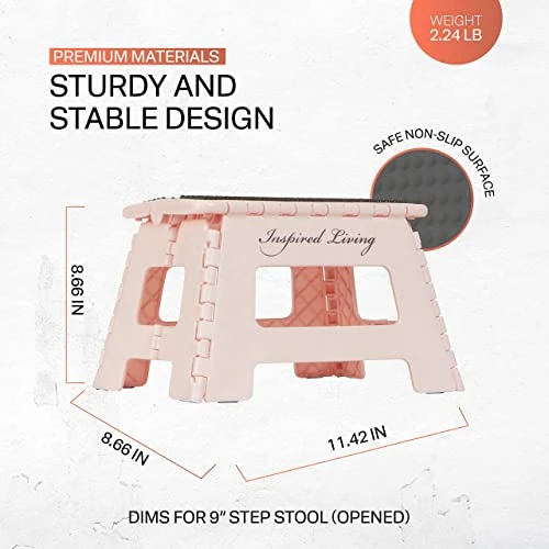 Inspired Living 9" Step Stool, Folding Step Stools For Adults, Plastic Foldable Step Stools Kids, Holds Up To 330 Lbs, Collapsible Folding Stool For Kitchen, Bathroom, Bedroom - Blush Pink - Image 2