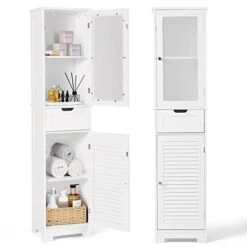 YUMEBUY Bathroom Storage Floor Cabinet, Freestanding Wooden Storage Organizer With Glass Shutter Doors And Adjustable Shelves Linen Cabinet For Bathroom Storage Tall (Ivory White)
