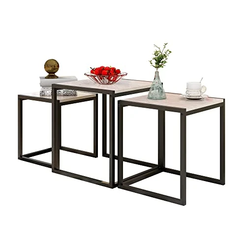 HAHRIR Nesting Table Set Of 3 Side Tables, Modern Coffee Table Stacking End Table With Metal Frame