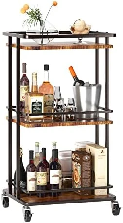 OKZEST 3 Tier Bar Cart For Home, Rolling Mini Liquor Bar For Wine Beverage Dinner Party, Utility Kitchen Storage Island Serving Cart On Wheels, Coffee Bar Cabinet For Kitchen Dining Living Room, Brown - Image 5