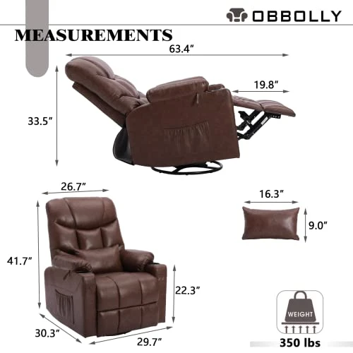 OBBOLLY Manual Swivel Glider Rocker Recliner Chair-Nursery Rocking Recliner Chair,Wingback Design 360° Swivel Chair With Lumbar Pillow, Cup Holders, Side Pockets For Living Room (PU Brown, Single) - Image 2