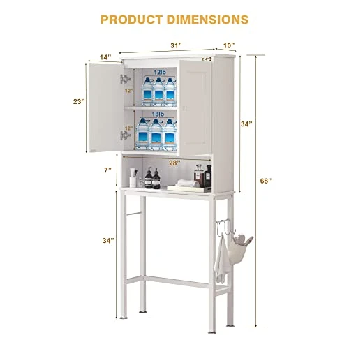 DMIDYLL Over The Toilet Storage Cabinet With Double Doors And Adjustable Shelves, Bathroom Storage Cabinet Over The Toilet, Toilet Organizer, White Wood - Image 3