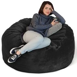 SEASXOLTE Bean Bag Chair 4Ft, Memory Foam Filled, Removable Velvet Cover, Giant Bean Bag Chairs For Adults And Teens, Round Sofa Chair For Dorm Room, Bedroom And Gaming Room, Black
