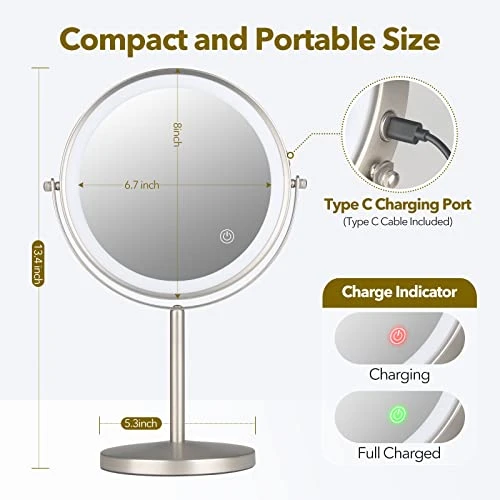 Rechargeable 8 Inch Desktop Vanity Mirror With Lights, 3 Colors 1X/10X Table Lighted Makeup Mirror With 360° Rotation Touch Screen, LED Dimmable Desk Lit Cosmetic Magnifying Mirror Brushed Nickel - Image 3