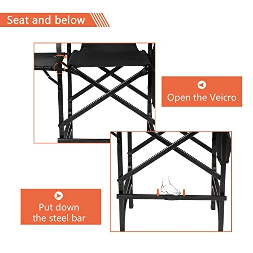 OmySalon 30" Tall Directors Chair Black Folding With Side Table Storage Bag,Aluminum Frame 300 Lbs Capacity, 33.8" L X 19.2" W X 45.6" H,Portable Makeup Artist Bar Height - Image 4