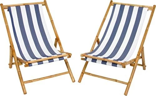 Statra Folding Bamboo Sling Chair Set Of 2, Blue Stripes - Image 6
