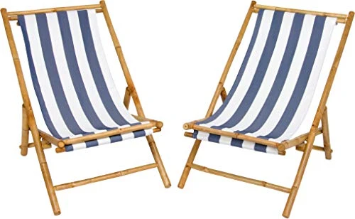Statra Folding Bamboo Sling Chair Set Of 2, Blue Stripes