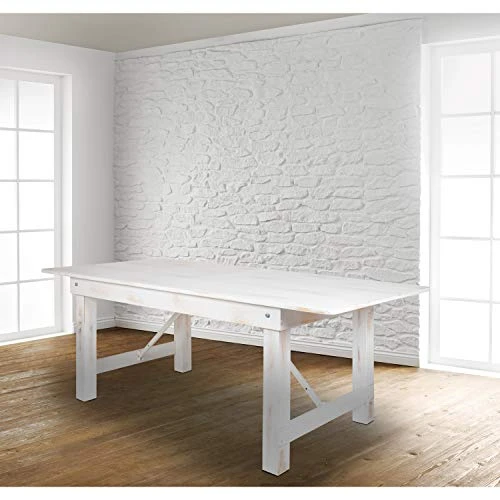 Flash Furniture HERCULES Series 8' X 40" Rectangular Antique Rustic White Solid Pine Folding Farm Table