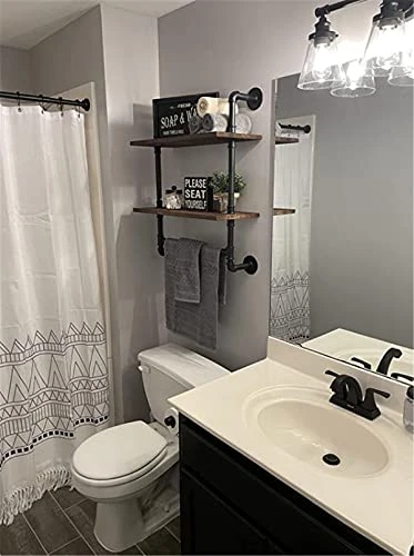 LooftMate Industrial Pipe Shelf,2 Tiered Metal Towel Racks For Bathroom,20" Industrial Pipe Floating Shelves Shelving,Rustic Wood Wall Mount Shelf With Towel Bar,Iron Towel Holder - Image 7