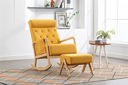 Rocking Chair With Ottoman, Mid-Century Modern Rocking Armchair, High Back Nursery Rocker With Button Tufted Back, Accent Glider Rocker Chair With Side Pocket For Living Room Bedroom, Yellow - Image 2