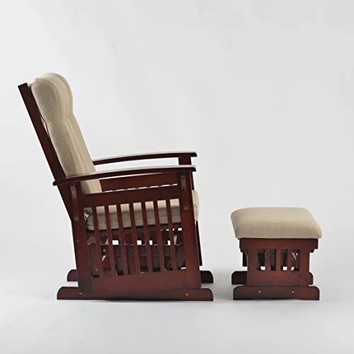Rustic Upholstered Rocking Chair With Ottoman Mid-Century Nursery Rocker Armchair With Footstool Solid Wooden Frame Accent Lounge Glider Rocking Chair Footstool Set For Living Room Bedroom(Cherry)