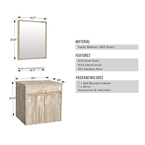 Eclife 24β Bathroom Vanity Cabinet Wall Mounted Natural Cabinet Two Doors Pedestal Cabinet Vanity Set With Mirror (Single Cabinet Only) - Image 2
