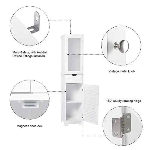 YUMEBUY Bathroom Storage Floor Cabinet, Freestanding Wooden Storage Organizer With Glass Shutter Doors And Adjustable Shelves Linen Cabinet For Bathroom Storage Tall (Ivory White) - Image 4