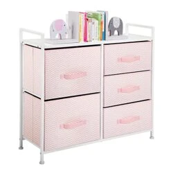 MDesign 30.03" High Steel Frame/Wood Top Storage Dresser Furniture Unit With 5 Removable Fabric Drawers - Tall Bureau Organizer For Bedroom, Living Room, Closet - Spira Collection - Pink/White