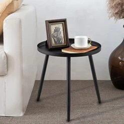 AOJEZOR End Table,Accent Table Ideal For Any Room-Side Table Living Room,Side Tables Bedroom,Side Table Waterproof Metal Structure Great For Indoor & Outdoor,Matte Black Tray Surface With 3 Legs