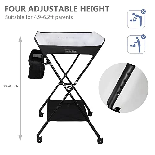 Kinder King Portable Baby Changing Table W/Wheels, Adjustable Height Folding Infant Diaper Station, Mobile Newborn Nursery Organizer, Large Storage Rack, Black - Image 2