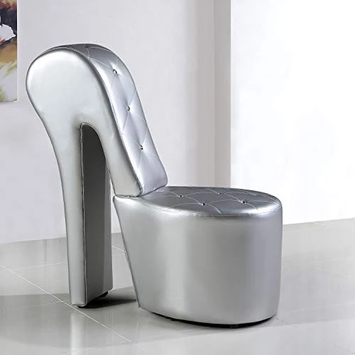 Best Master Furniture High Heel Faux Leather Shoe Chair With Crystal Studs, Silver