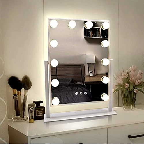 WEILY Hollywood Vanity Mirror With Lights,Large Lighted Makeup Mirror With 3 Color Light & 12 Dimmable Led Bulbs,Smart Lighted Touch Control Screen & 360 Degree Rotation(White)