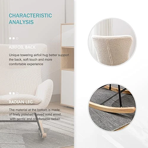 Tsuysi Teddy Rocking Chair Nursery, Upholstered Rocking Chairs With High Backrest And Armrests, Small Glider Chair For Nursery, Living Room, Bedroom (Beige) - Image 5