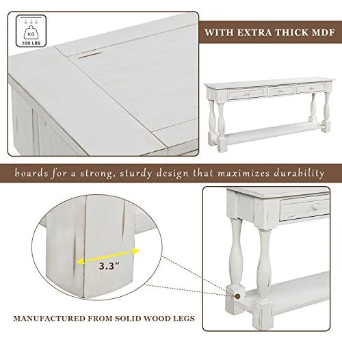P PURLOVE 64" Long Console Table With 3 Drawers Long Sofa Table With Wide And Extra Thick Tabletop And Bottom Shlef For Entryway Hallway - Image 3