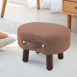 Acehome Small Footstool Ottoman With Handle, Linen Ottoman Foot Rest, Curved Footstool, Small Foot Stool For Living Room Bedroom Etryway, With 4 Wood Legs, Anti-Slip And Easy To Carry, Brown