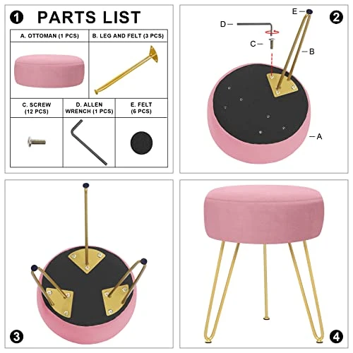 YOONIC Velvet Soft Modern Vanity Stool -Round Footrest Stool Ottoman Side Table Seat Dressing With Golden Metal Leg And Sponge Filling,Upholstered Foot Rest, For Living Room And Bedroom Pink - Image 5
