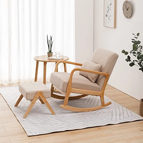 OKAKOPA Rocking Chair And Side Table, Modern Wood Small Accent Table End Tables Rocker Nursery Glider For Nursery Chair With Footrest For Living Room Bedroom (Table, Chair, Ottoman, Pillow - Beige) - Image 2