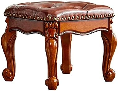 LEILISI Small Footstool Brown Leather Ottoman, Vintage Carved Upholstered Footrest, Rubber Wooden Foot Rest Stool Sofa Stool (Red-Brown) - Image 8