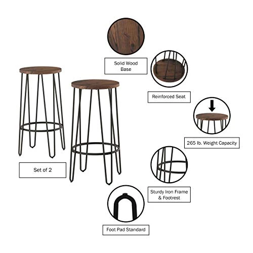 Lavish Home Bar Height Stools-Backless Barstools With Hairpin Legs Wood Seat-Kitchen Or Dining Room- Modern Farmhouse Accent Furniture (Set Of 2) - Image 3
