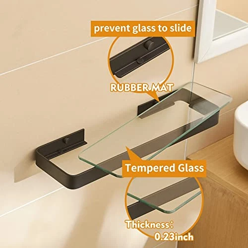 Danpoo Black Floating Shelf Bathroom Wall Shelf, 16" Tempered Glass Shelf Wall Mounted - Image 3