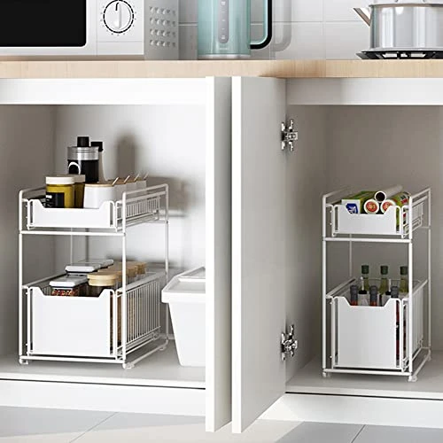 HUOLE Under Sink Storage Shelf With 2 Levels Sliding Baskets And Non-Slip Pad For Kitchen Bathroom (37.4 X 26.5 X 44 Cm, White), 1 Piece - Image 4