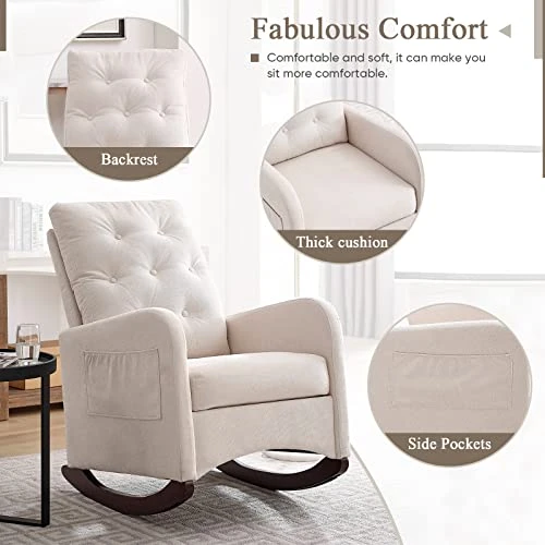 JEEOHEY Nursery Rocking Chair, Modern Upholstered Button Tufted Fabric Rocker Glider Chairs Single Sofa Armchair W/Solid Wood Legs, Side Pockets For Nursery Room, Living Room, Beige - Image 6