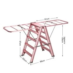PADG Balcony Folding Clothes Rack Multifunctional Folding Ladder Aluminum Alloy Five Step Ladder, Rose Gold