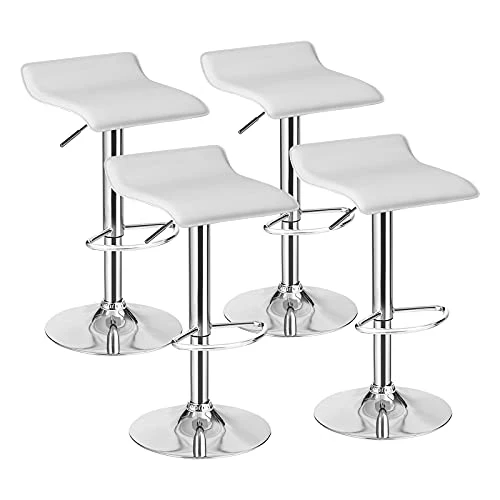 Casart Bar Stools Set Of 4 Adjustable Swivel Pu Leather Backless Stool With Air-Lift Handle, Footrest, Chrome Base, Modern Style For Living Room, Kitchen And Bar, Counter Height Pub Chairs (White)