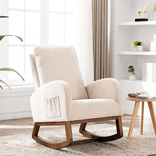 Rocking Chair Modern,Upholstered Glider Rocker Chair For Nursery,Comfy Armchair With Side Pocket For Living Room (White) - Image 7