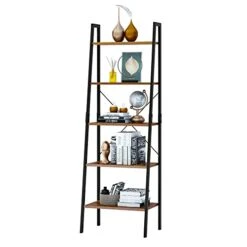 SOMY Industrial 5 Tier Ladder Shelf, Vintage Storage Bookshelf With Metal Frame Multifunction Plants Flower Stands Display Rack For Garden, Hallway, Office, Living Room Rustic Brown